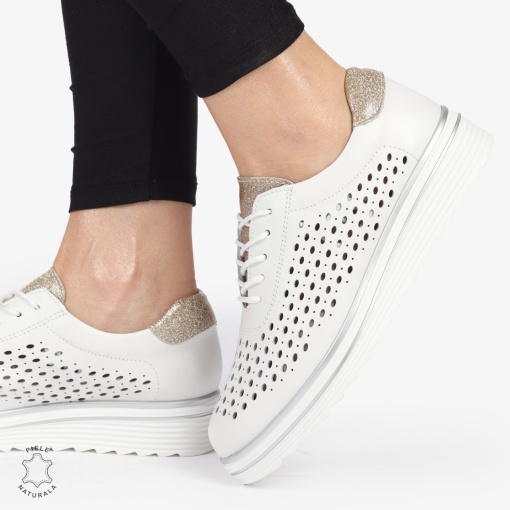 Pantofi Casual dama din piele naturala Perforati LF0782 ALB - Img 4