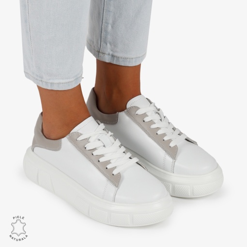 Pantofi Casual Dama Piele Naturala LF1000 Alb cu Gri - Img 5