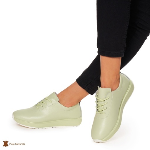 Pantofi casual de dama din piele naturala cu talpa plata LF0024 VERDE - Img 4
