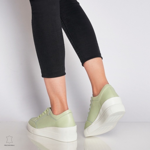 Pantofi casual de dama din piele naturala cu talpa plata LF0034 Verde - Img 4