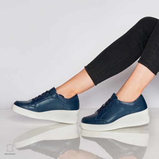 Pantofi casual de dama din piele naturala cu talpa plata LF0034 Bleumarin - Img 3