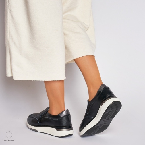 Pantofi casual de dama din piele naturala cu talpa platforma LF0015 Negri - Img 4