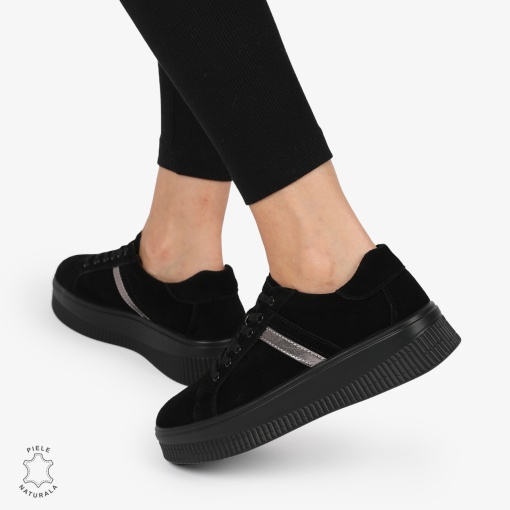 Pantofi CASUAL PIELE NATURALA Intoarsa cu linii decorative LF1270 Negru - Img 3