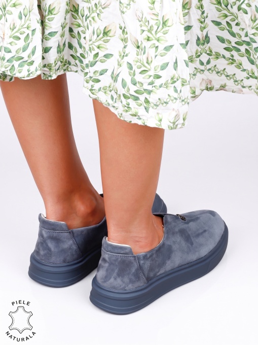 Pantofi damă slip-on din piele naturală întoarsă, model casual modern LF1817 Albastru - Img 3