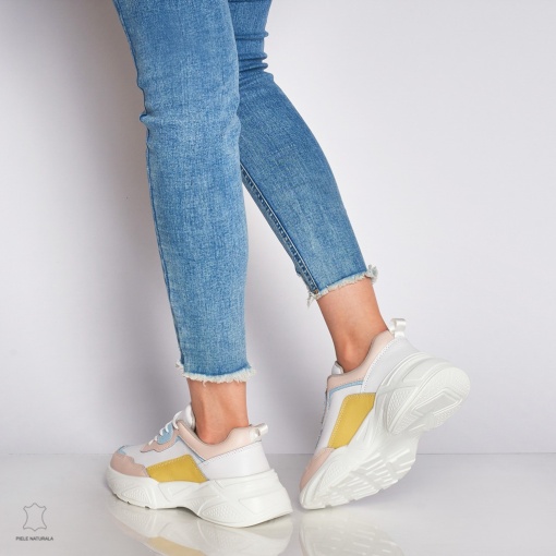 Pantofi Sport dama din Piele naturala cu talpa groasa Multicolor LF0036 Roz cu Galben - Img 3