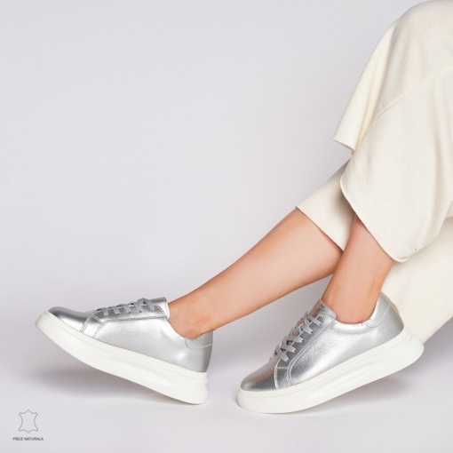 Pantofii casual de dama din piele naturală cu șiret comozi și versatili LF1447 ARGINTIU - Img 4