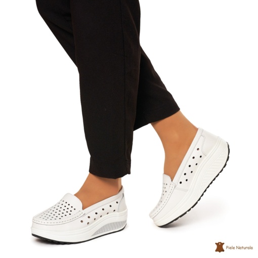Mocasini Dama Piele Naturala perforati cu talpa groasa LF0079 ALB - Img 3