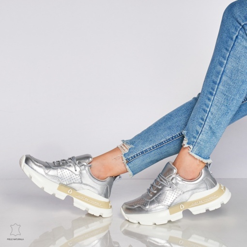 Pantofi Casual dama din Piele naturala cu talpa groasa LF0046 Argintiu - Img 3