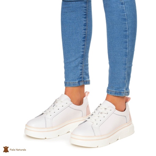 Pantofi Casual dama din Piele naturala cu talpa groasa LF0054 ALB CU ROZ - Img 2