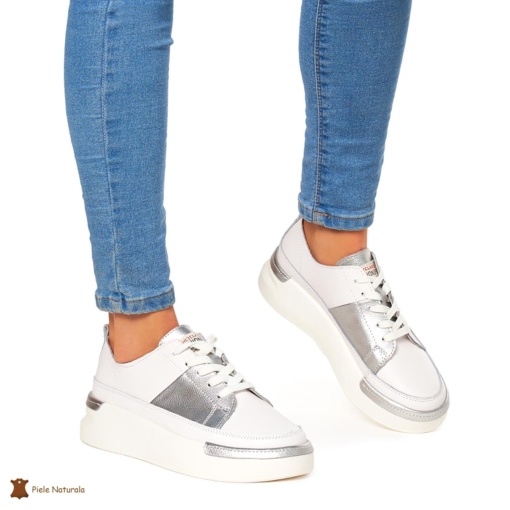 Pantofi Casual dama din Piele naturala cu talpa groasa LF0056 ALB CU ARGINTIU - Img 3