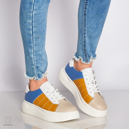 Pantofi Casual dama din Piele naturala cu talpa groasa Multicolor LF0040 MUSTAR - Img 2