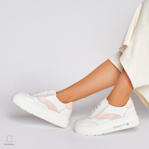 Pantofi Casual dama din Piele naturala cu talpa plata Multicolor LF0041 Alb cu Roz - Img 3