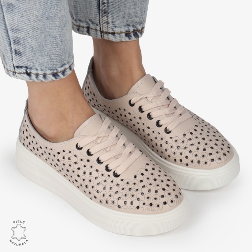 Pantofi Casual dama din Piele naturala PERFORAT USORI CU SIRET LF1341 ROZ - Img 5