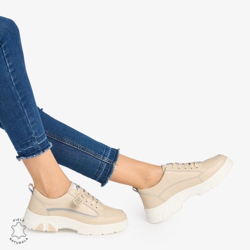 Pantofi Casual de dama din Piele Naturala COMODE CU MODEL LF1218 BEJ - Img 2