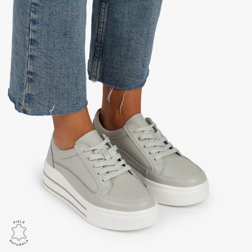 Pantofi Casual de dama din Piele Naturala cu talpa inalta si Dungi LF1203 GRI - Img 3