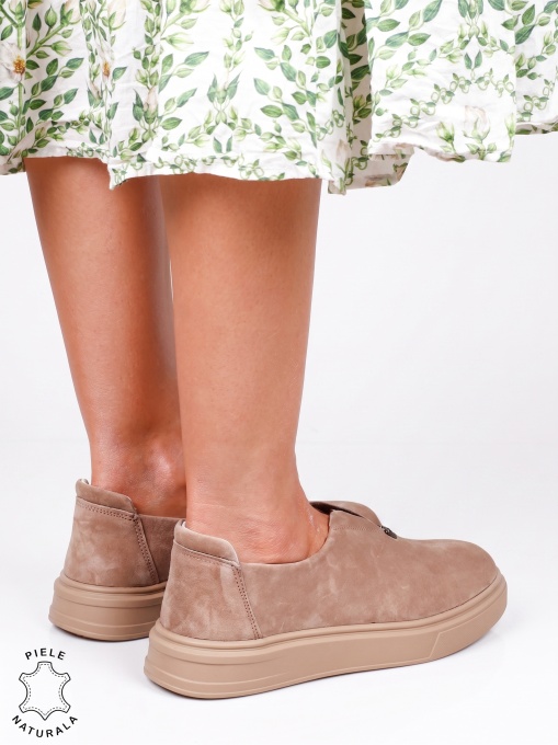 Pantofi damă slip-on din piele naturală întoarsă, model casual modern CRL1817 khaki - Img 3
