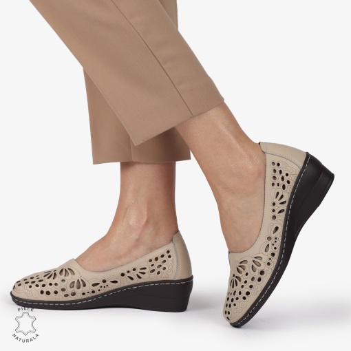 BALERINI dama din Piele naturala PERFORATA SLIP-ON CU TOC MIC LF1362 BEJ - Img 2