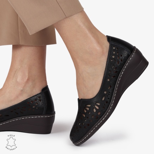BALERINI dama din Piele naturala PERFORATA SLIP-ON CU TOC MIC LF1362 NEGRU - Img 4