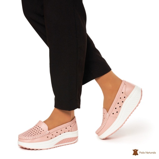 Mocasini Dama Piele Naturala perforati cu talpa groasa LF0079 ROZ - Img 4