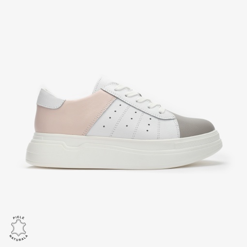Pantofi Casual dama din Piele naturala cu talpa groasa Multicolor LF0040ALB CU ROZ - Img 3