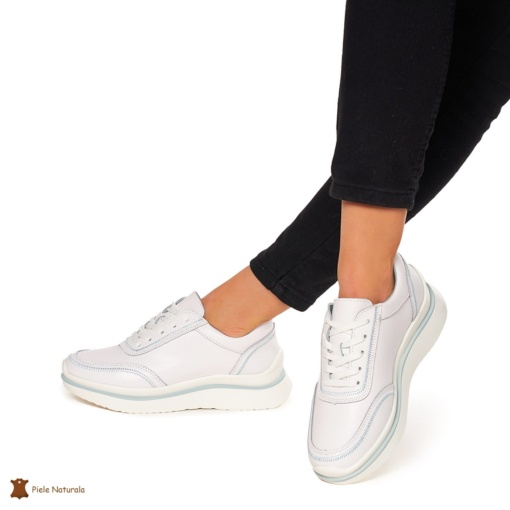 Pantofi casual dama din Piele naturală LF1325 ALB CU ALBASTRU - Img 3