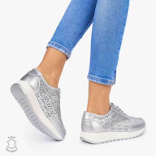 Pantofi casual dama din Piele Naturala Perforati cu model LF0714 ARGINTIU - Img 3