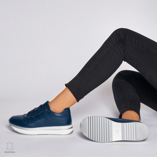 Pantofi casual de dama din piele naturala cu talpa groasa LF0001 Bleumarin - Img 3