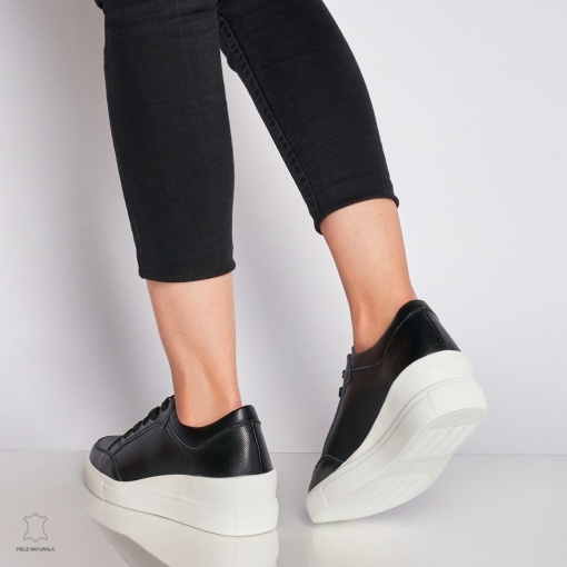 Pantofi casual de dama din piele naturala cu talpa plata LF0034 Negri - Img 4