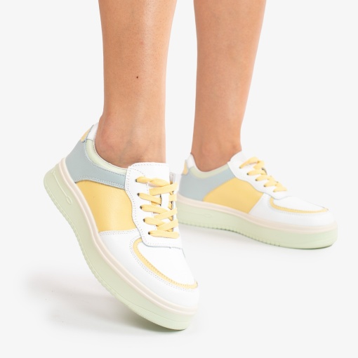 Pantofi Casual de dama din Piele naturala Multicolor cu design special LF0519 ALB CU GALBEN - Img 4