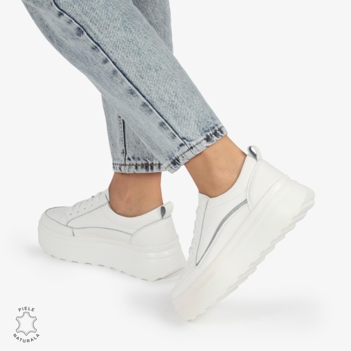 Pantofi CASUAL PIELE NATURALA dunga decorativa cu talpa inalta LF1261 White - Img 4