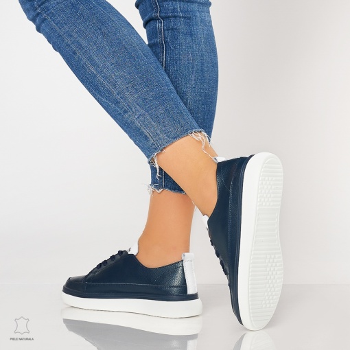 Pantofi casual trendy de dama din piele naturala Multicolor LF0007 Bleumarin - Img 3
