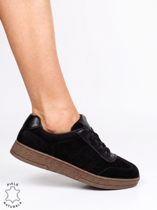 Pantofi sport damă din piele întoarsă naturală cu talpă confortabilă LF1809 Negru - Img 2