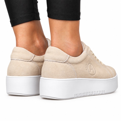 Pantofii casual din piele naturala INTOARSA CU SIRET LF1455 BEJ - Img 3