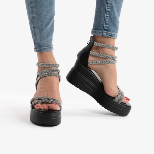 SANDALE DIN PIELE ECOLOGICA CU PLATFORMA SI STRASURI LF0749 NEGRU - Img 2