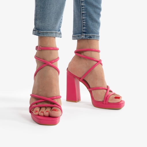 SANDALE ELEGANTE DIN PIELE ECOLOGICA CU MODEL SI TOC GROS LF0734 FUCSIA - Img 2