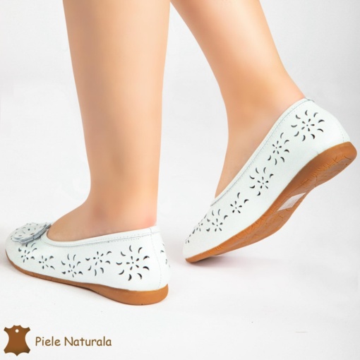 Balerini DAMA perforați CU FLOARE DECORATIVA LATERALA din piele naturala LF0181 CULOARE: ALB - Img 2