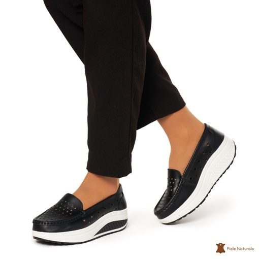 Mocasini Dama Piele Naturala perforati cu talpa groasa LF0079 NEGRU - Img 3