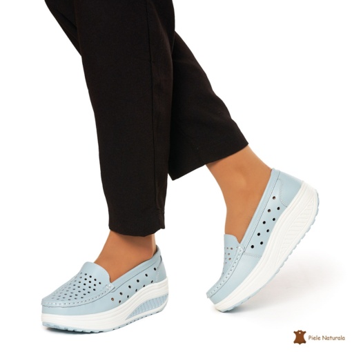 Mocasini Dama Piele Naturala perforati cu talpa groasa LF0079 ALBASTRRU - Img 3