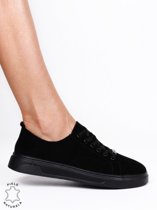 Pantofi casual dama din piele naturală cu accesoriu decorativ LF1821 Negru - Img 2