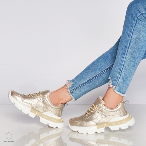 Pantofi Casual dama din Piele naturala cu talpa groasa LF0046 AURIU - Img 3