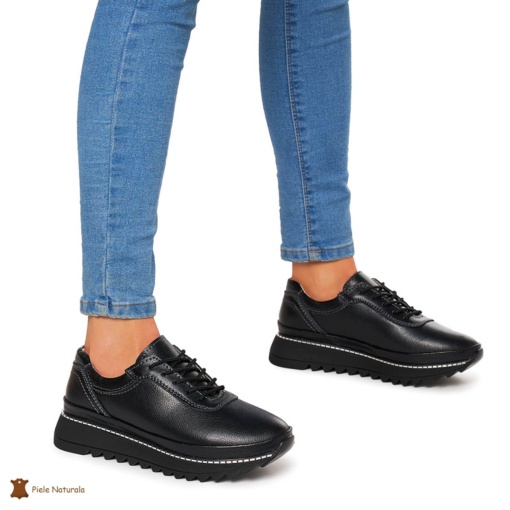 Pantofi Casual dama din Piele naturala cu talpa groasa LF0048 NEGRU - Img 2