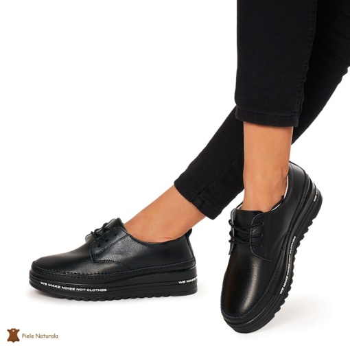 Pantofi Casual dama din Piele naturala cu talpa groasa LF0053 NEGRU - Img 2