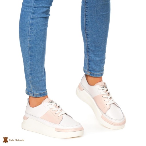 Pantofi Casual dama din Piele naturala cu talpa groasa LF0056 ALB CU ROZ - Img 3