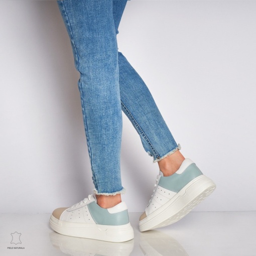 Pantofi Casual dama din Piele naturala cu talpa groasa Multicolor LF0040ALB CU ALBASTRU - Img 3