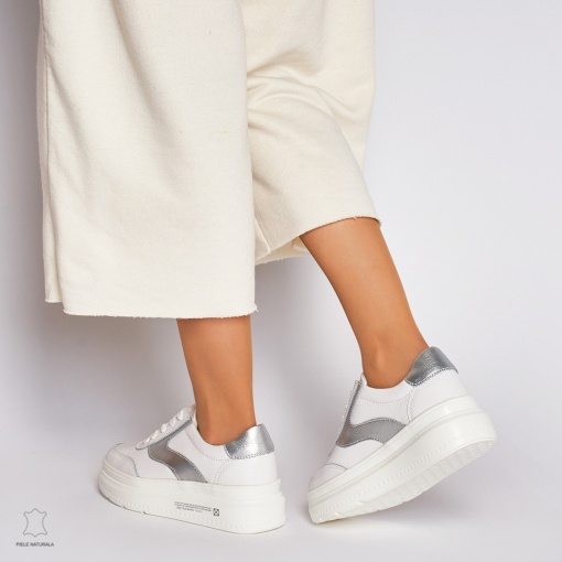 Pantofi Casual dama din Piele naturala cu talpa plata Multicolor LF0041 Alb - Img 4
