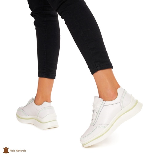 Pantofi casual dama din Piele naturală LF1325 ALB CU VERDE - Img 3