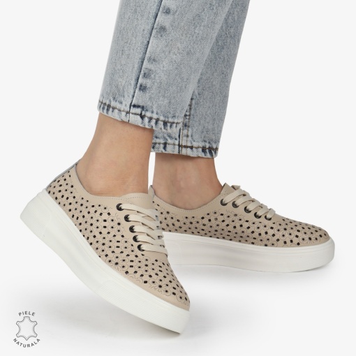 Pantofi Casual dama din Piele naturala PERFORATI USORI CU SIRET LF1341 BEJ - Img 4
