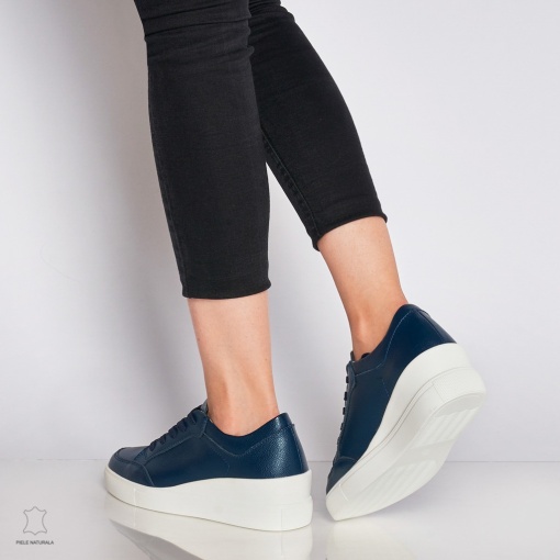Pantofi casual de dama din piele naturala cu talpa plata LF0034 Bleumarin - Img 4