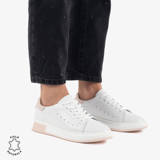 PANTOFI CASUAL DE DAMA DIN PIELE NATURALA LF0770 ALB CU ROZ - Img 2