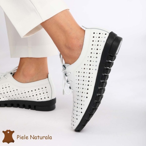 Pantofi Perforati dama din Piele Naturala cu mici perforatii LF0188 ALB - Img 3